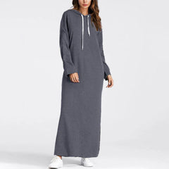 JuliaFashion - Women Maxi Casual Solid Color Drawstring Long Hooded With Pockets Autumn Long Sleeve Hoodies Sweatshirt Dress