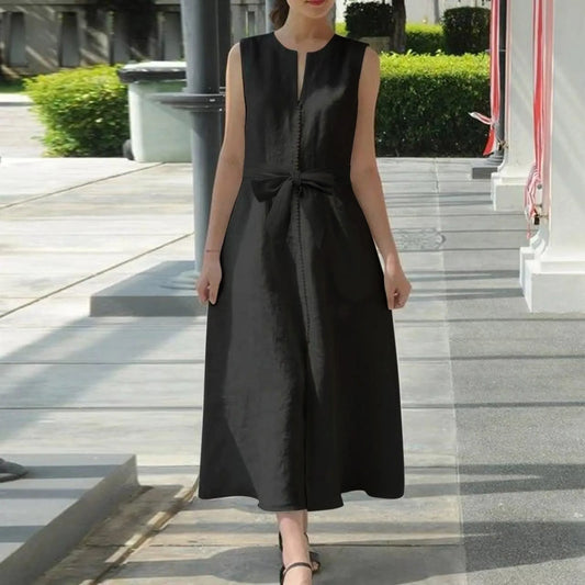JuliaFashion - Women Maxi Long 2024 Summer Vintage Black Sleeveless Casual V-Neck Loose Ankle Length Belt Loose Party Vestidos Robe Femme Dress