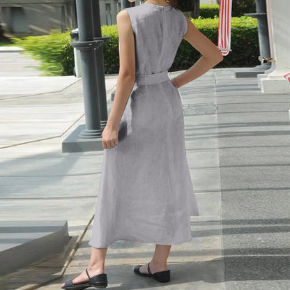 JuliaFashion - Women Maxi Long 2024 Summer Vintage Black Sleeveless Casual V-Neck Loose Ankle Length Belt Loose Party Vestidos Robe Femme Dress