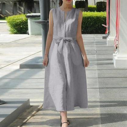 JuliaFashion - Women Maxi Long 2024 Summer Vintage Black Sleeveless Casual V-Neck Loose Ankle Length Belt Loose Party Vestidos Robe Femme Dress