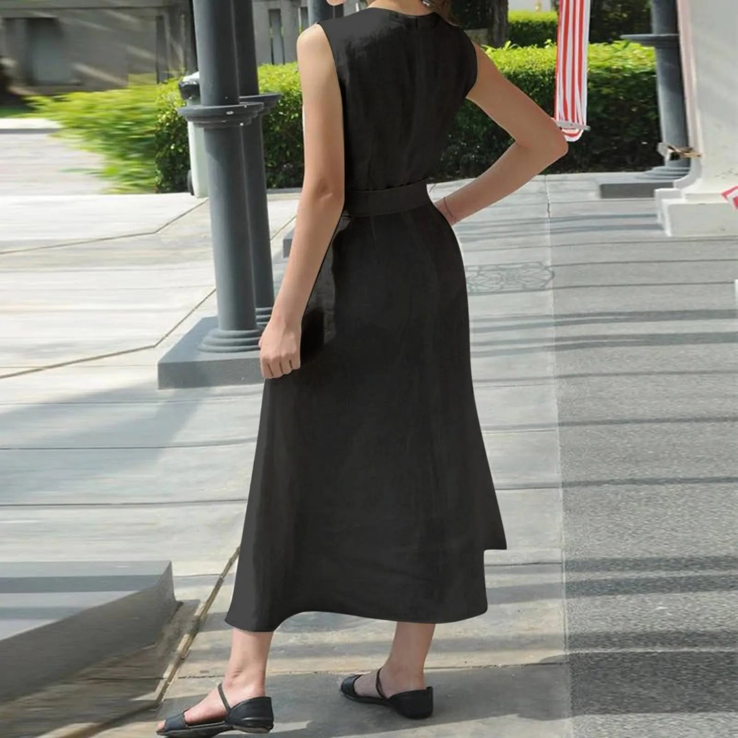 JuliaFashion - Women Maxi Long 2024 Summer Vintage Black Sleeveless Casual V-Neck Loose Ankle Length Belt Loose Party Vestidos Robe Femme Dress