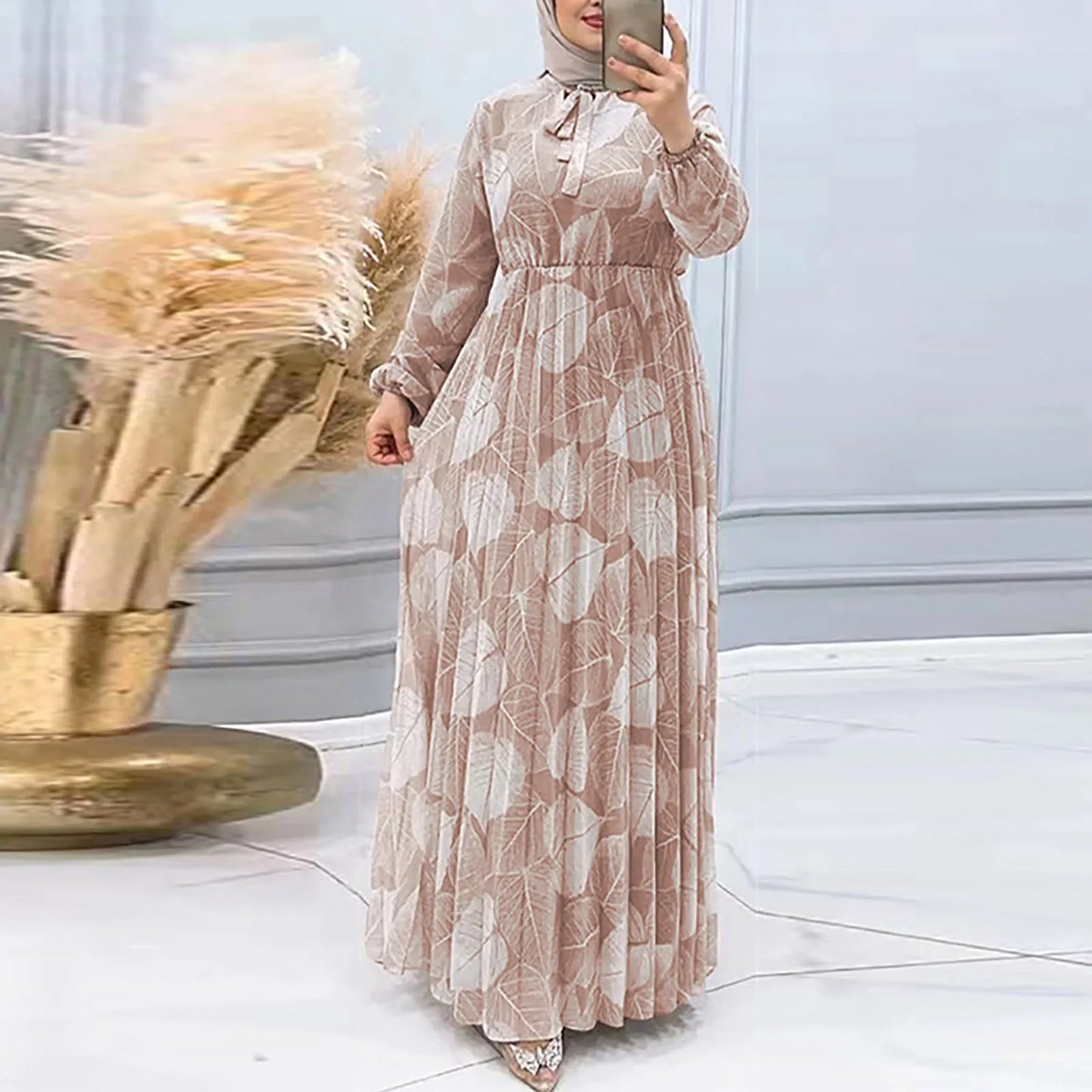 JuliaFashion - Women Middle East Dubai Robe Casual Muslim Printed Elegant Long Sleeves Maxi Vestidos Female Marocain Turkish Robe Femme Dress