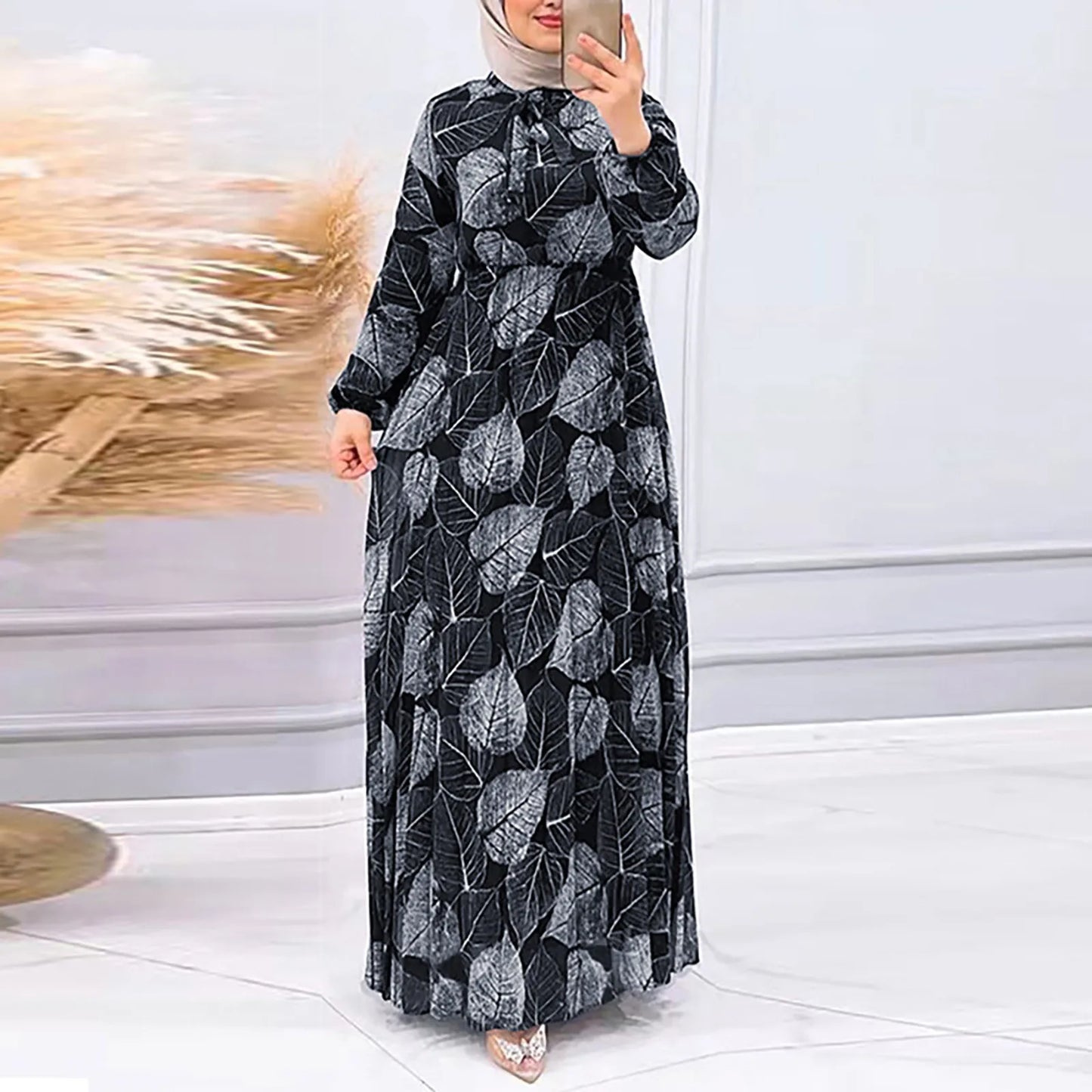 JuliaFashion - Women Middle East Dubai Robe Casual Muslim Printed Elegant Long Sleeves Maxi Vestidos Female Marocain Turkish Robe Femme Dress