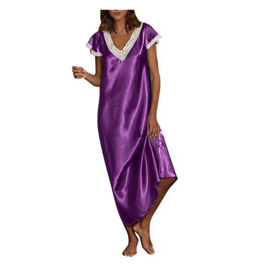 JuliaFashion - Women Pijamas 2024 Sexy Nightgown Long Satin Sleepwear Short Sleeve Lace V Neck Homewear Pajamas Nightwear Robe Femme Dress