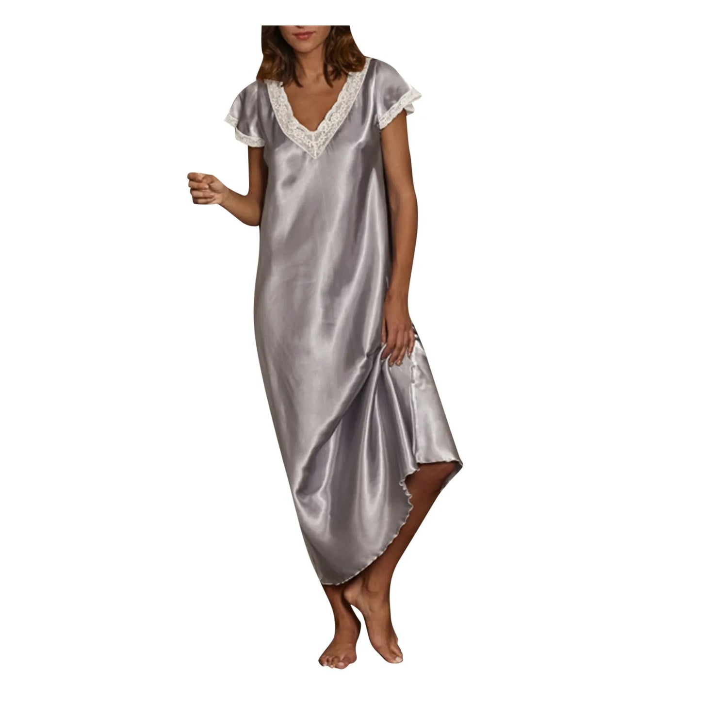 JuliaFashion - Women Pijamas 2024 Sexy Nightgown Long Satin Sleepwear Short Sleeve Lace V Neck Homewear Pajamas Nightwear Robe Femme Dress