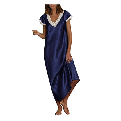 JuliaFashion - Women Pijamas 2024 Sexy Nightgown Long Satin Sleepwear Short Sleeve Lace V Neck Homewear Pajamas Nightwear Robe Femme Dress