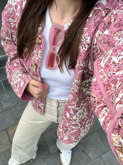 Casual Stylish Floral Elegant Warm Pink Cotton Jacket