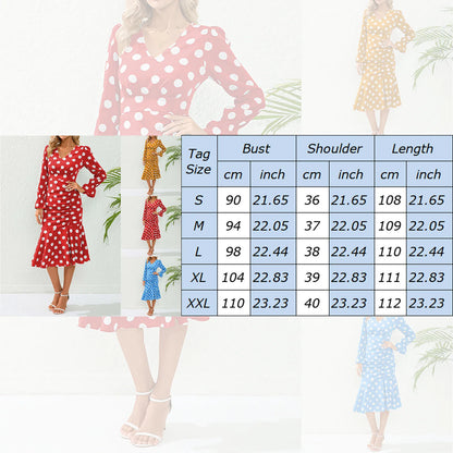 JuliaFashion - Women Polka Dot Ruched Flounce V Neck Long Sleeve Pleated Slim Fit Mid Length Casual Women Autumn Fashion Clothing Dress