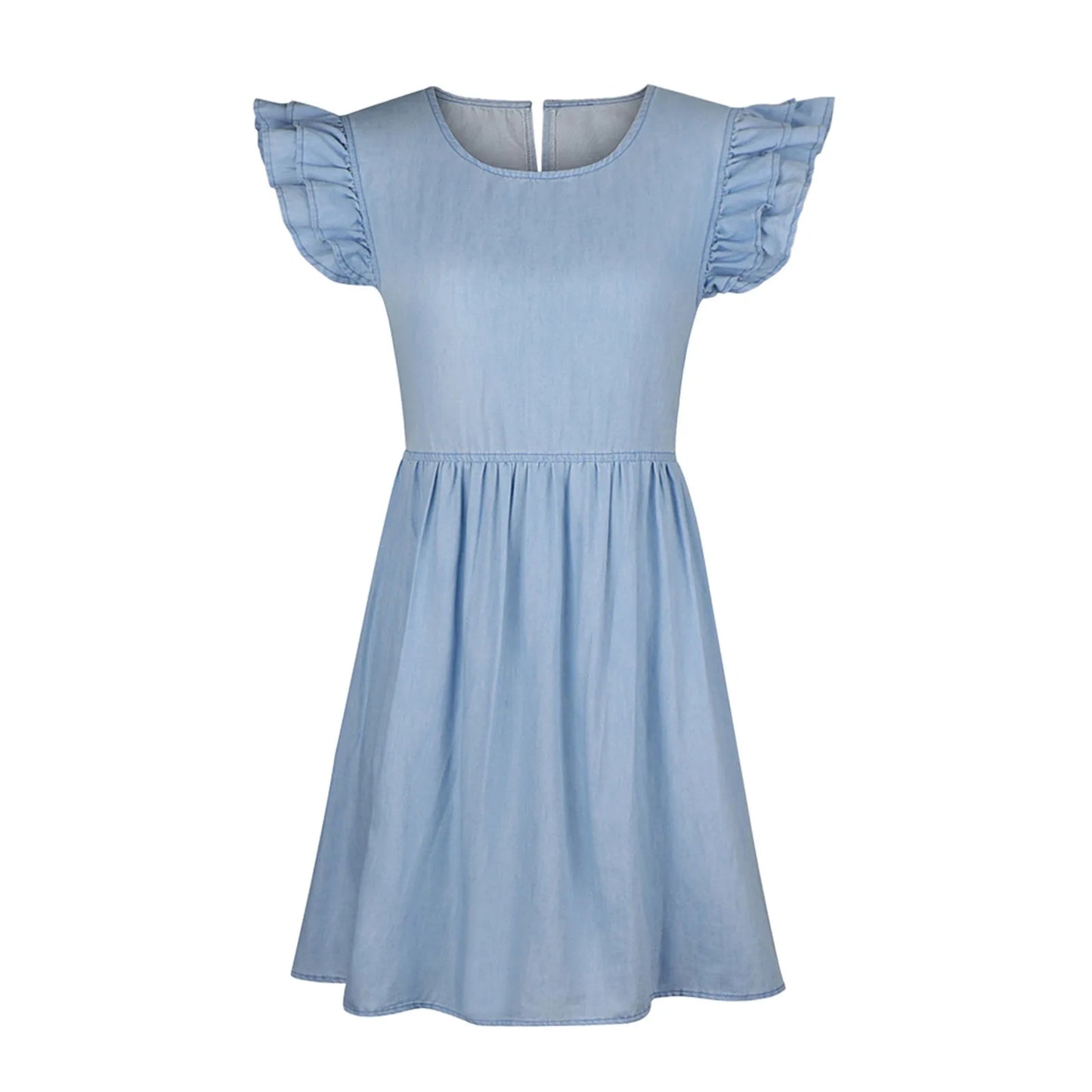 JuliaFashion - Casual Denim Jean Ruffle Sleeve Midi Skinny Body O Neck Sleeveless Party Loose Summer Pleated Dress