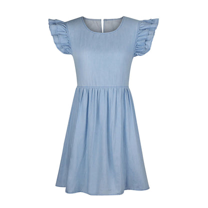 JuliaFashion - Casual Denim Jean Ruffle Sleeve Midi Skinny Body O Neck Sleeveless Party Loose Summer Pleated Dress