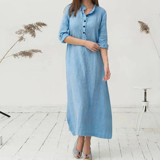 JuliaFashion - Women'S Kaftan Cotton Long Sleeve Plain Casual Oversized Maxi Long Shirt Basic Elegant Midi Robe Femme Party Dress