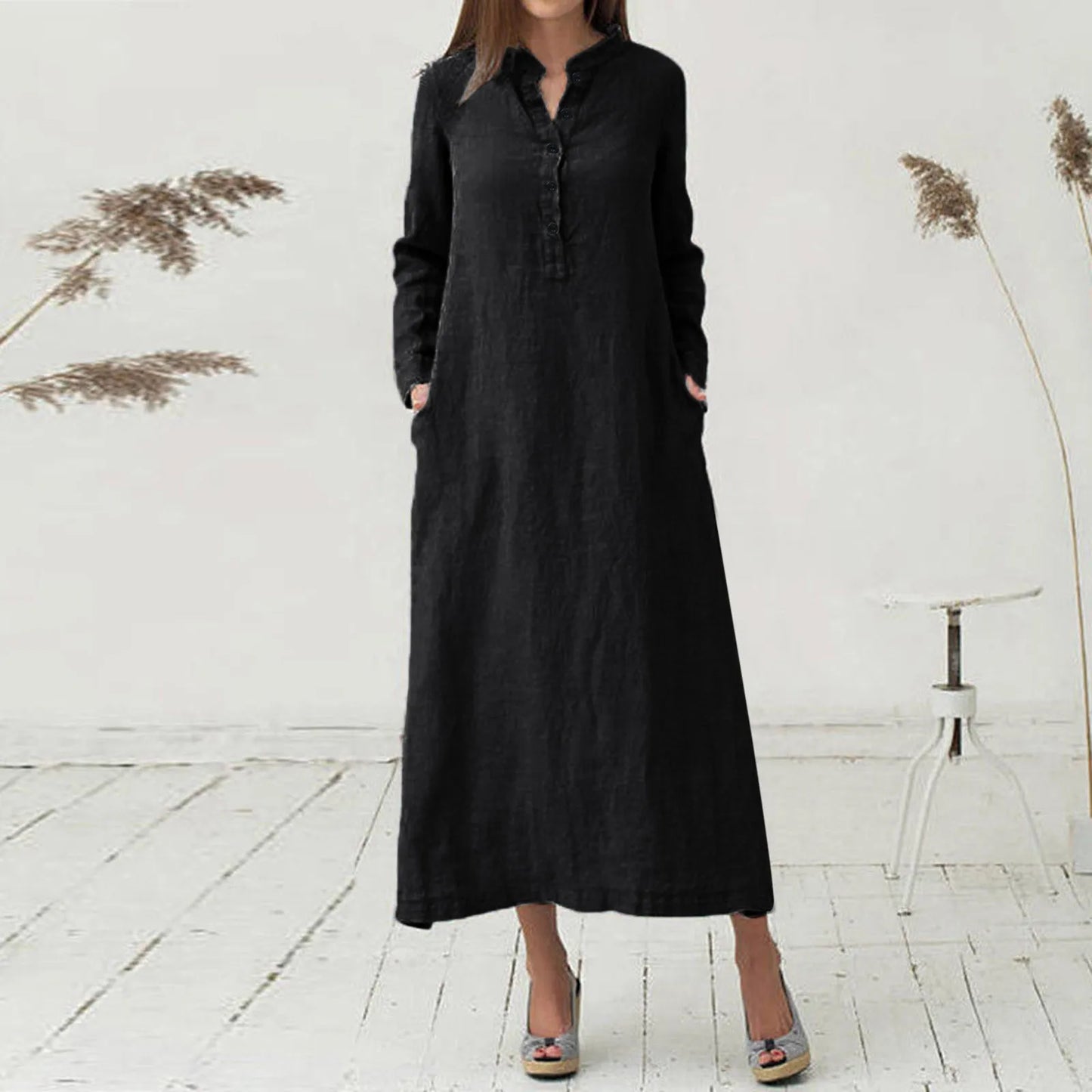 JuliaFashion - Women'S Kaftan Cotton Long Sleeve Plain Casual Oversized Maxi Long Shirt Basic Elegant Midi Robe Femme Party Dress