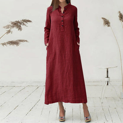 JuliaFashion - Women'S Kaftan Cotton Long Sleeve Plain Casual Oversized Maxi Long Shirt Basic Elegant Midi Robe Femme Party Dress