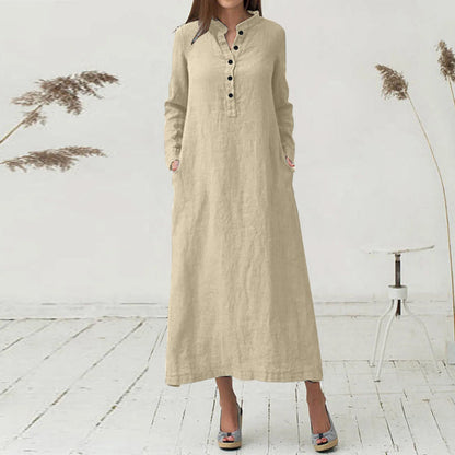 JuliaFashion - Women'S Kaftan Cotton Long Sleeve Plain Casual Oversized Maxi Long Shirt Basic Elegant Midi Robe Femme Party Dress