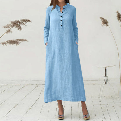 JuliaFashion - Women'S Kaftan Cotton Long Sleeve Plain Casual Oversized Maxi Long Shirt Basic Elegant Midi Robe Femme Party Dress