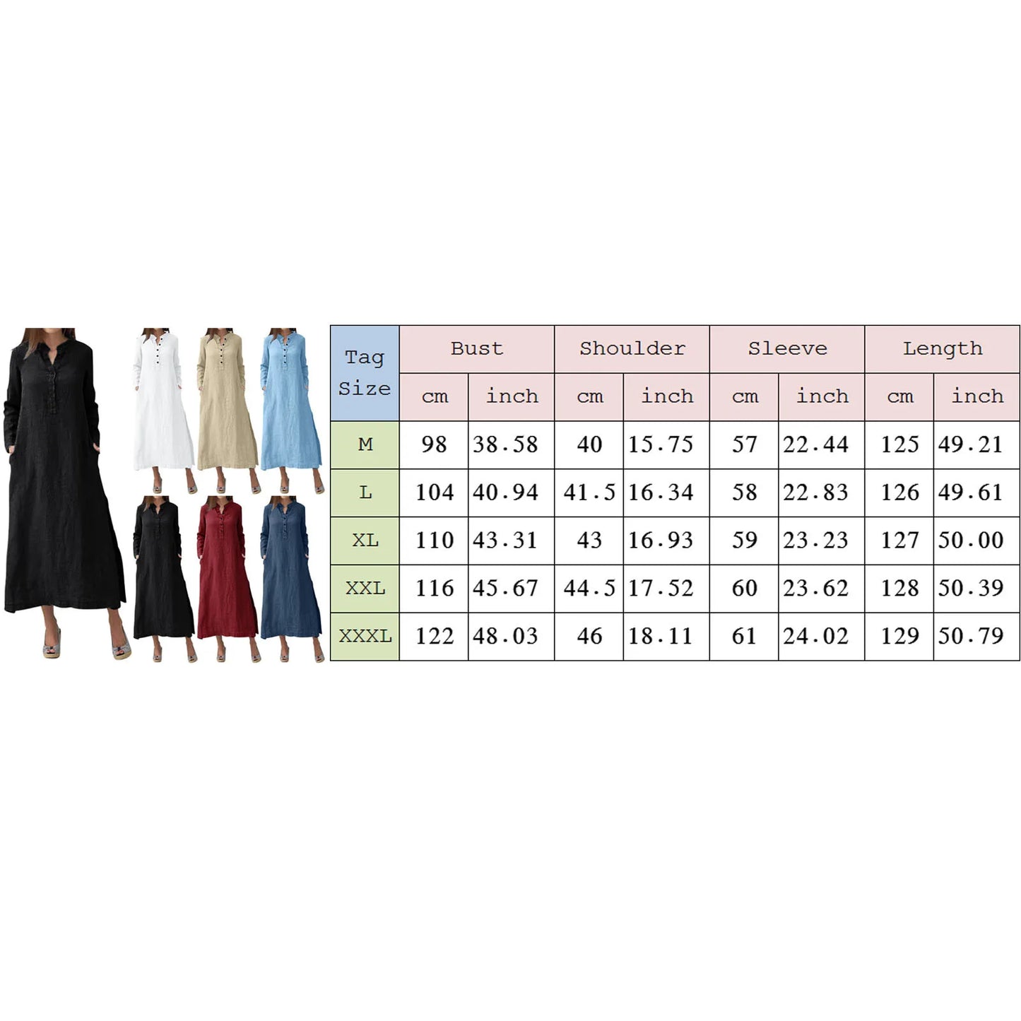 JuliaFashion - Women'S Kaftan Cotton Long Sleeve Plain Casual Oversized Maxi Long Shirt Basic Elegant Midi Robe Femme Party Dress