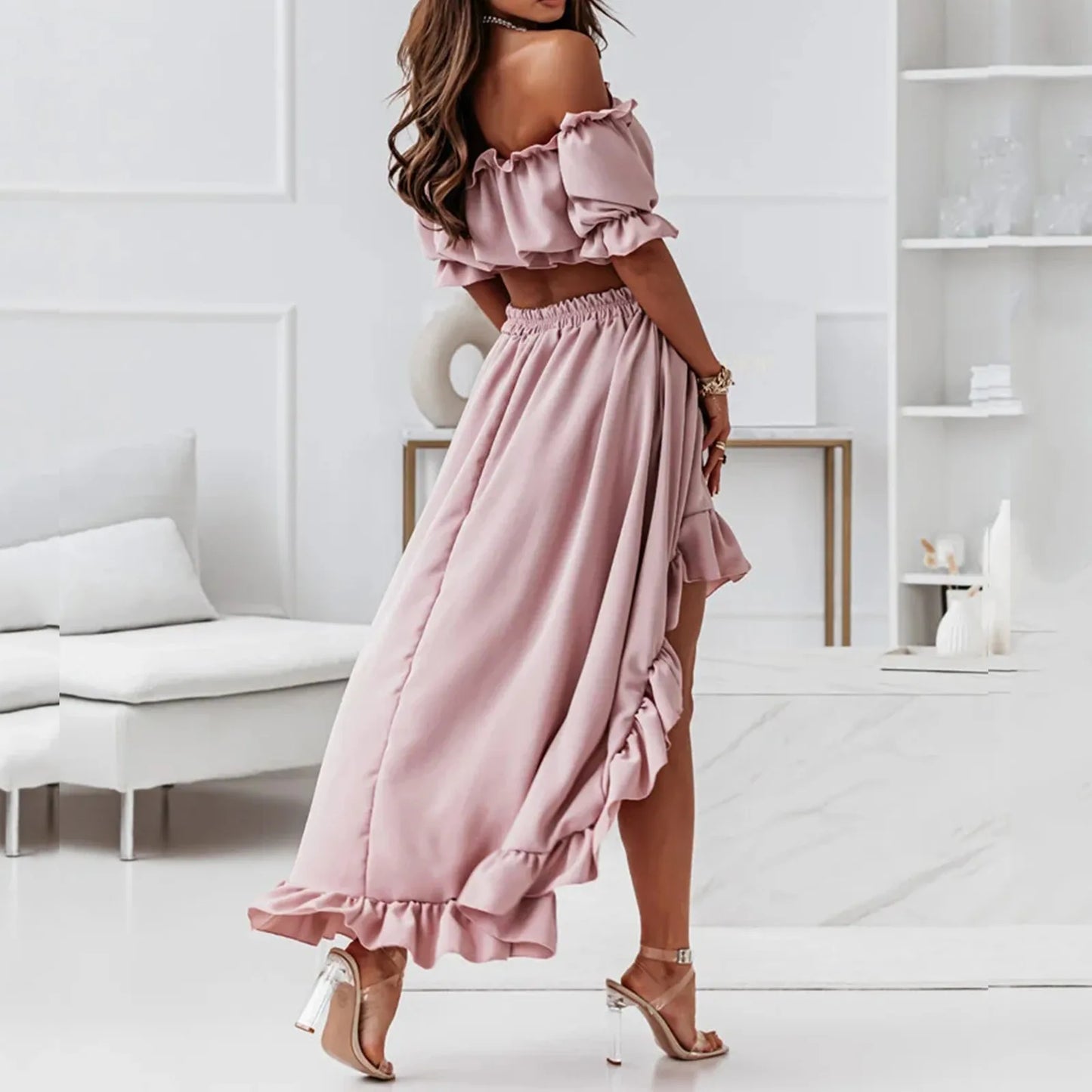 JuliaFashion - Women's New One-Piece Collar Party Ruffle Sexy Waistless Puff Sleeve Two-Piece Suit Long Maxi Female Vestidos Dress