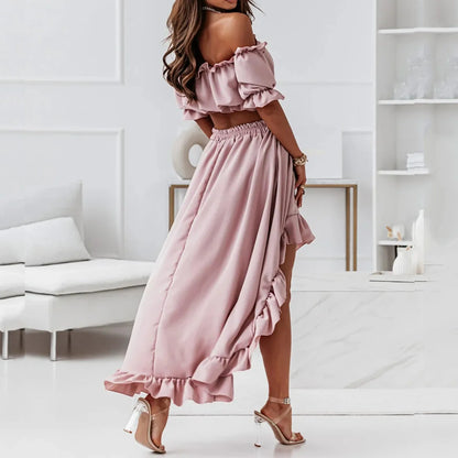 JuliaFashion - Women's New One-Piece Collar Party Ruffle Sexy Waistless Puff Sleeve Two-Piece Suit Long Maxi Female Vestidos Dress