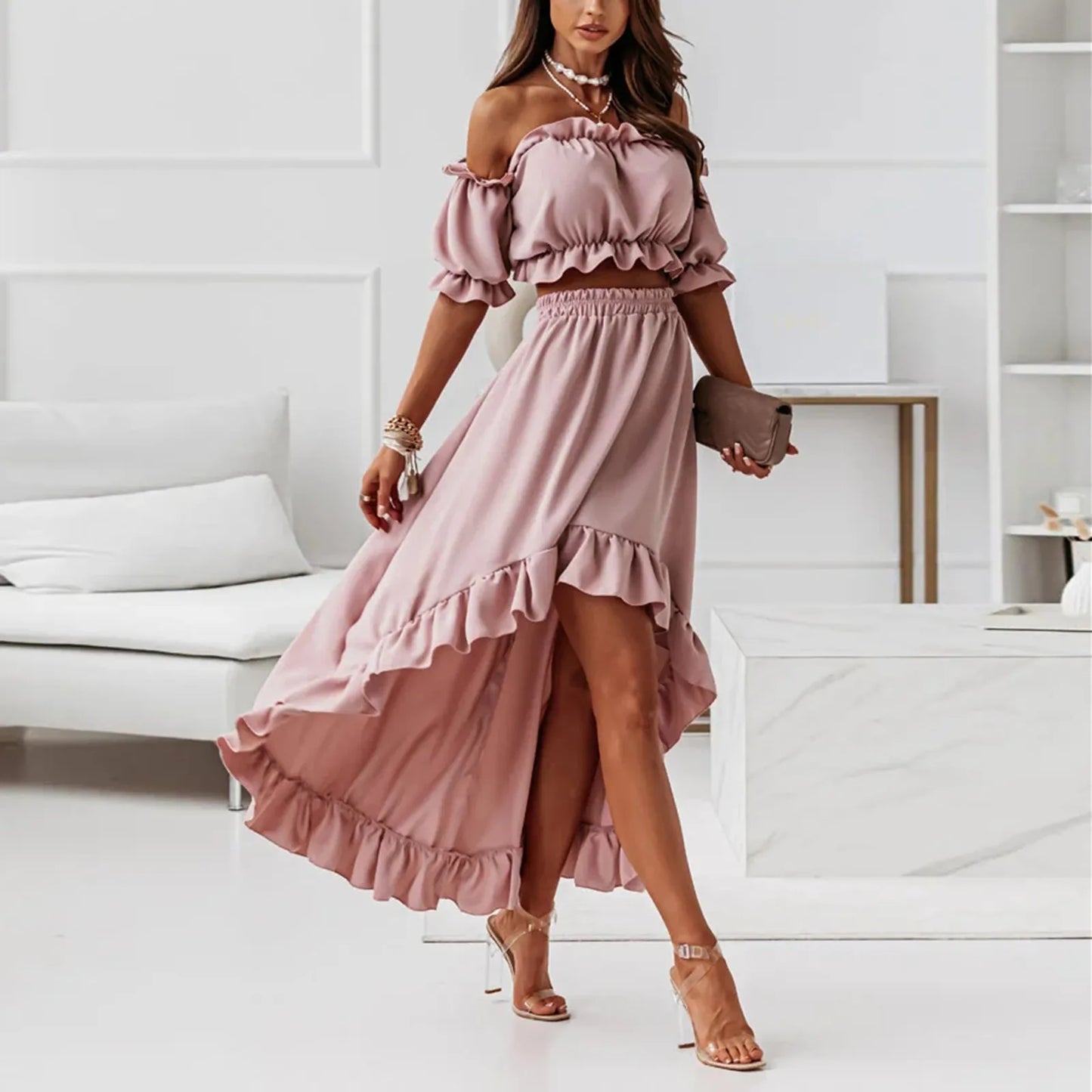 JuliaFashion - Women's New One-Piece Collar Party Ruffle Sexy Waistless Puff Sleeve Two-Piece Suit Long Maxi Female Vestidos Dress