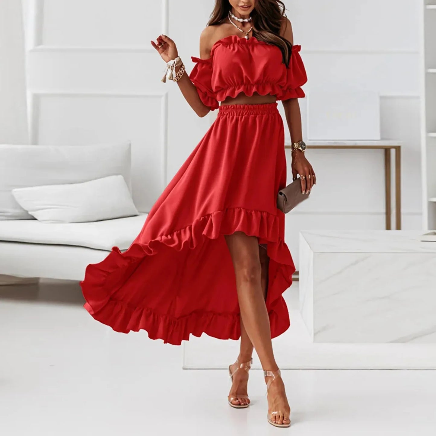 JuliaFashion - Women's New One-Piece Collar Party Ruffle Sexy Waistless Puff Sleeve Two-Piece Suit Long Maxi Female Vestidos Dress