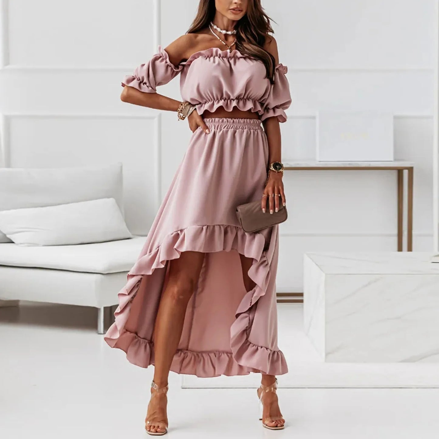 JuliaFashion - Women's New One-Piece Collar Party Ruffle Sexy Waistless Puff Sleeve Two-Piece Suit Long Maxi Female Vestidos Dress