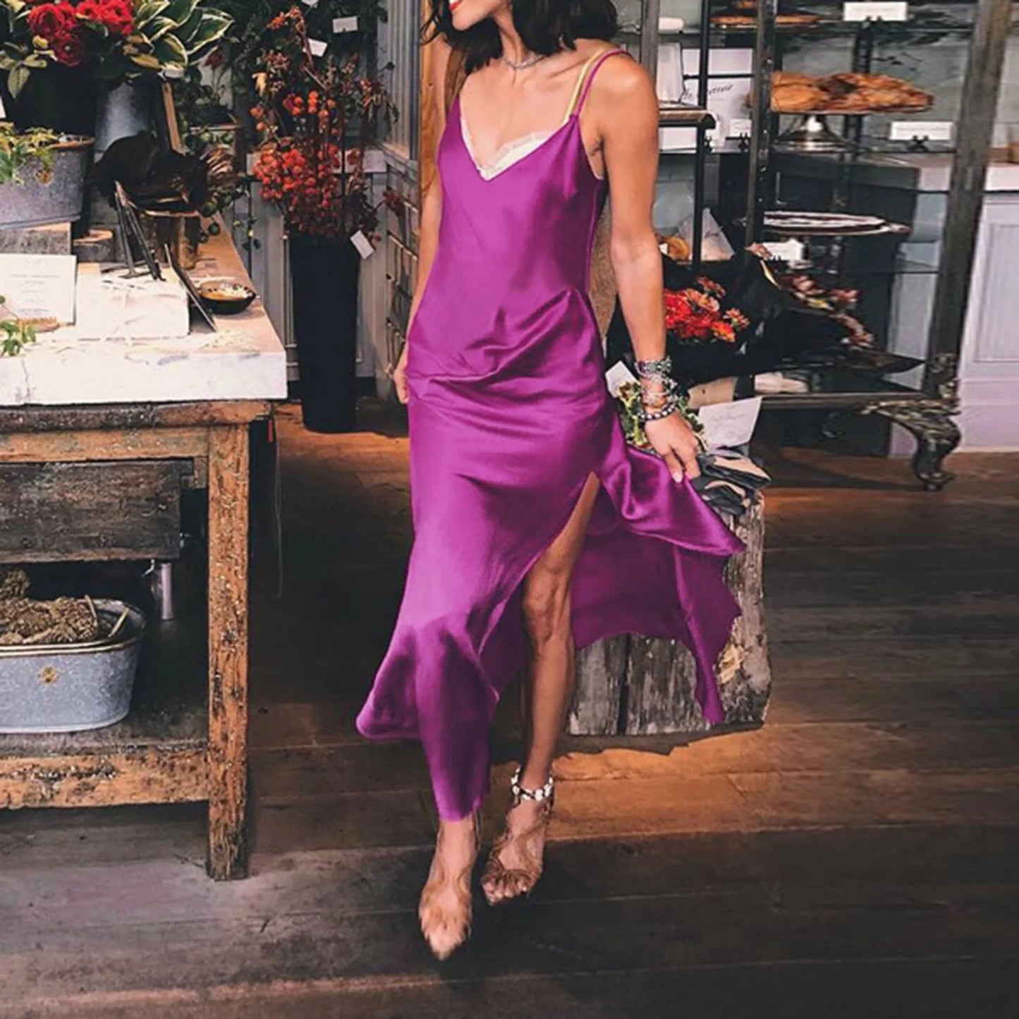 JuliaFashion - Women Satin Silk Maxi Side Split Sling Long Sexy V-Neck Spaghetti Strap Sleeveless Backless Elegant Formal Dress