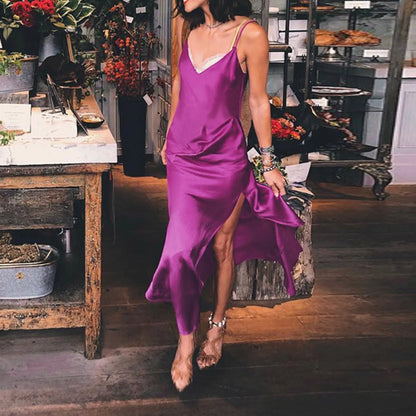 JuliaFashion - Women Satin Silk Maxi Side Split Sling Long Sexy V-Neck Spaghetti Strap Sleeveless Backless Elegant Formal Dress