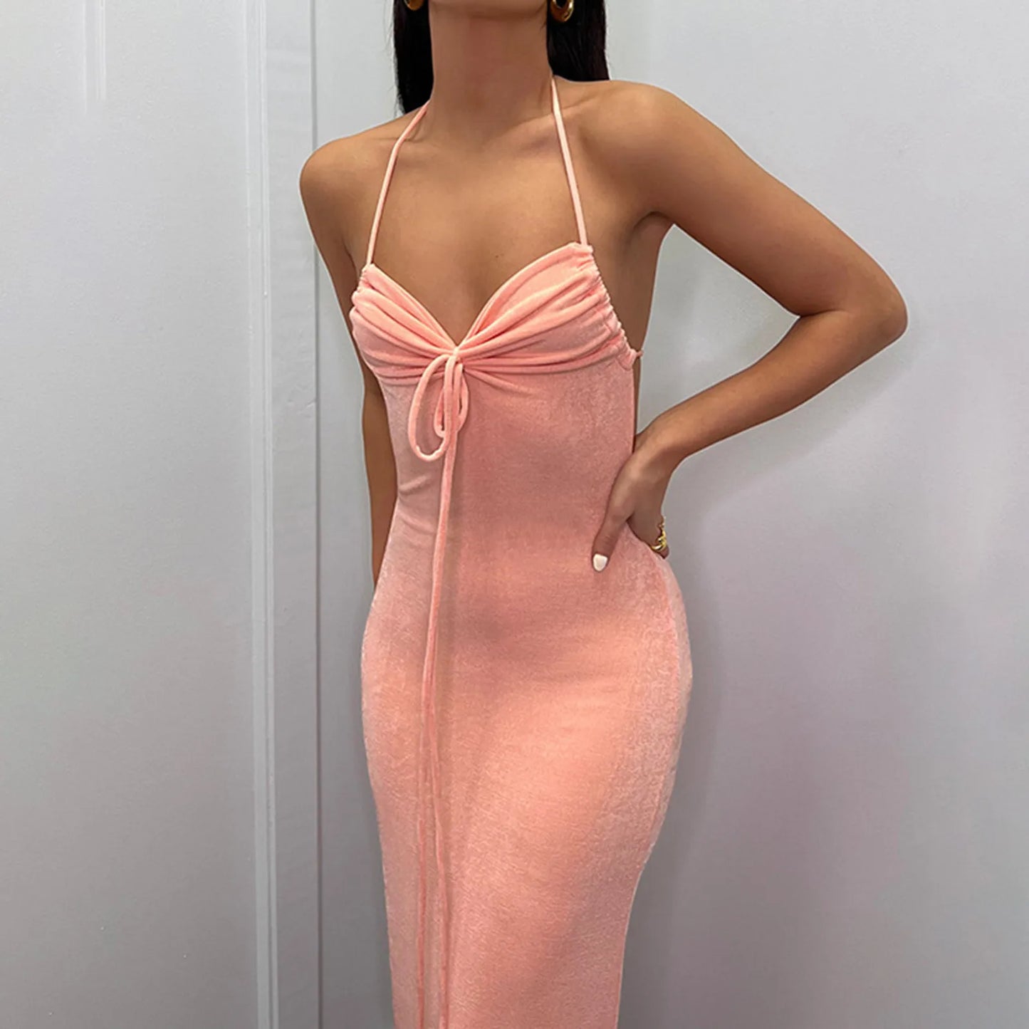 JuliaFashion - Women Sexy Spice Girl Bandage Hanging Neck Backless Elegant Temperament Long Sleeveless Evening Party Dress