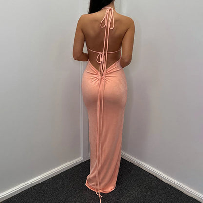 JuliaFashion - Women Sexy Spice Girl Bandage Hanging Neck Backless Elegant Temperament Long Sleeveless Evening Party Dress