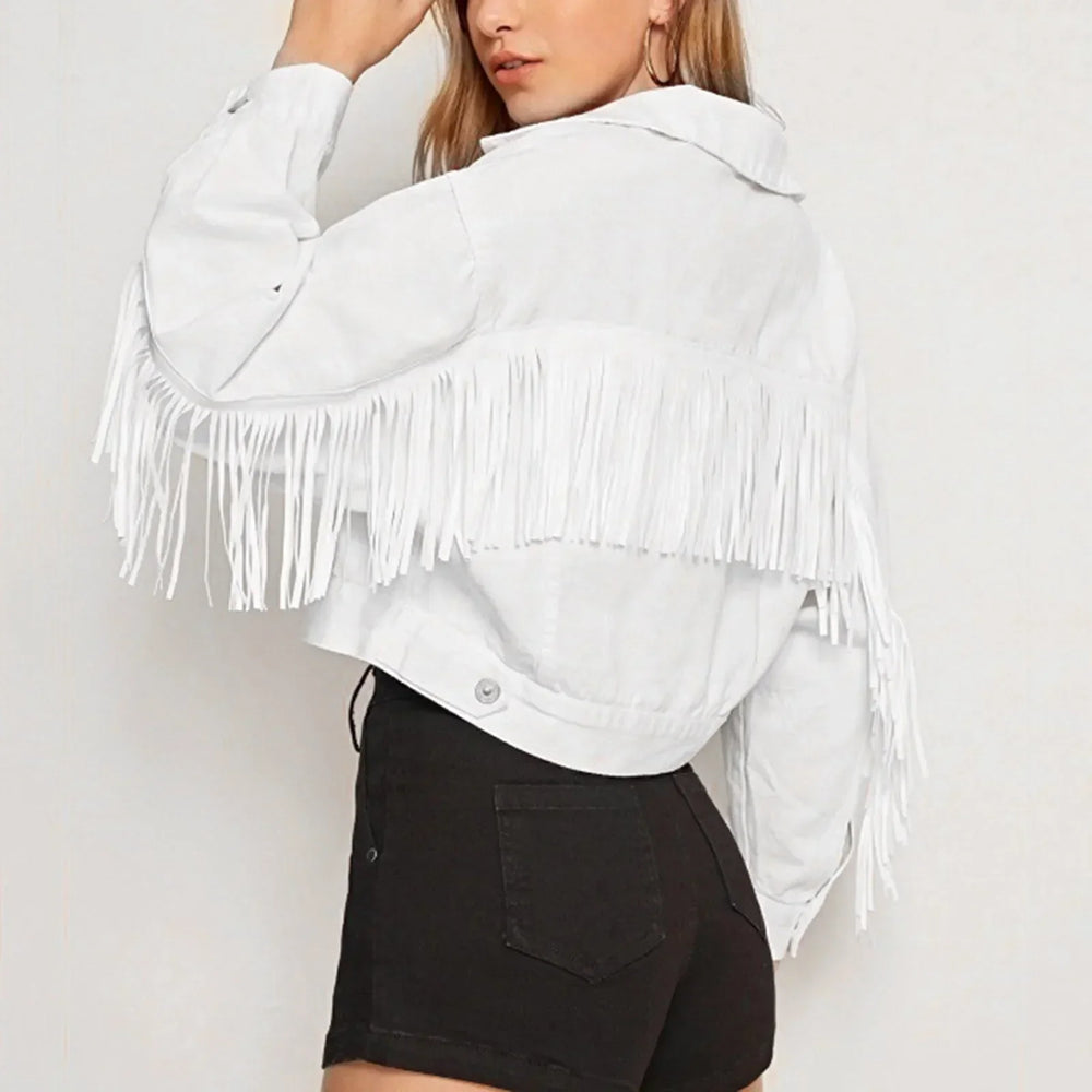 Short Loose Denim Wi Pockets Lapel Button Tassel Chic Stylish Elegant Fashionable Versatile