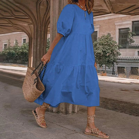 JuliaFashion - Women Solid SunSummer Vintage Elegant Loose Short Sleeve Swing Party Long Female Beach Vestidos Casual Robe Dress