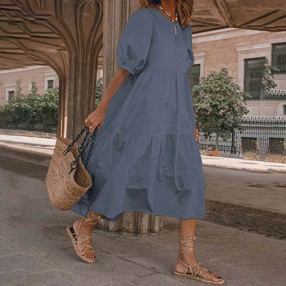 JuliaFashion - Women Solid SunSummer Vintage Elegant Loose Short Sleeve Swing Party Long Female Beach Vestidos Casual Robe Dress