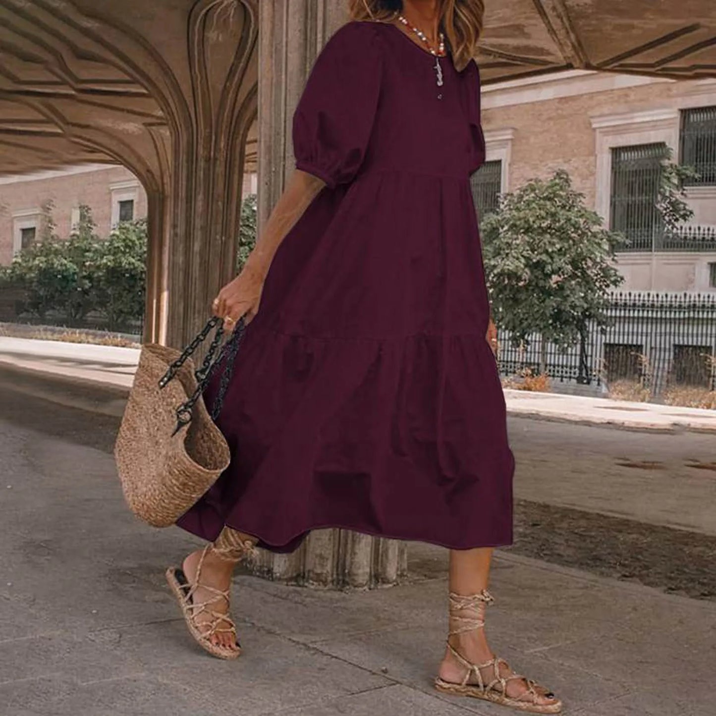 JuliaFashion - Women Solid SunSummer Vintage Elegant Loose Short Sleeve Swing Party Long Female Beach Vestidos Casual Robe Dress