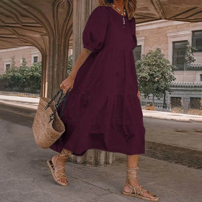 JuliaFashion - Women Solid SunSummer Vintage Elegant Loose Short Sleeve Swing Party Long Female Beach Vestidos Casual Robe Dress