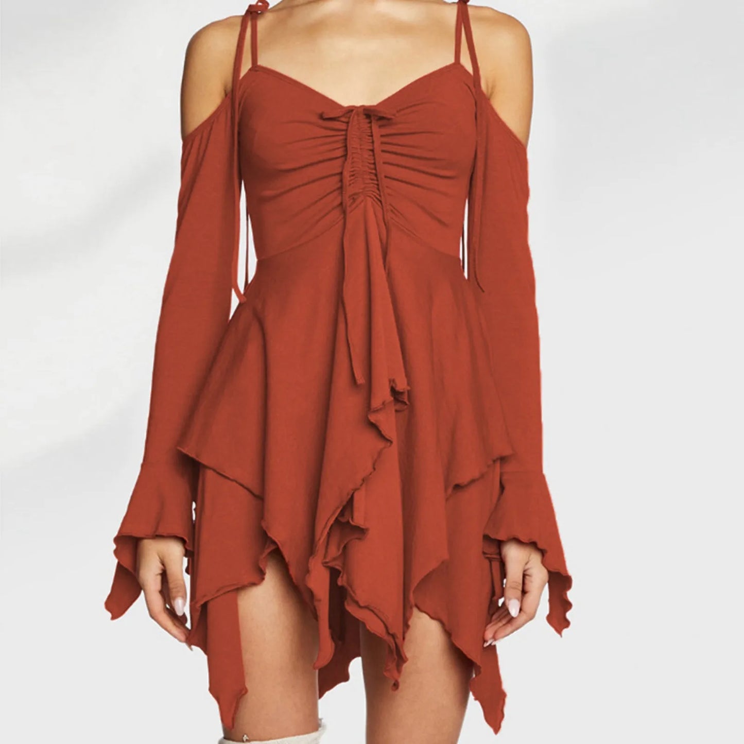 JuliaFashion - Spaghetti Strap Off Shoulder Long Sleeved Solid Color Double Layer Ruffle Irregular Hem Summer 2024 Dress