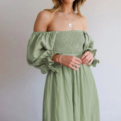 JuliaFashion - Spring Ladies Tie Rope Belt Ruffle Trim Sleeves Square Collar Multi Wear Vintage Fashion Elegant Dress