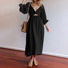 JuliaFashion - Spring Ladies Tie Rope Belt Ruffle Trim Sleeves Square Collar Multi Wear Vintage Fashion Elegant Dress