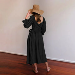 JuliaFashion - Spring Ladies Tie Rope Belt Ruffle Trim Sleeves Square Collar Multi Wear Vintage Fashion Elegant Dress