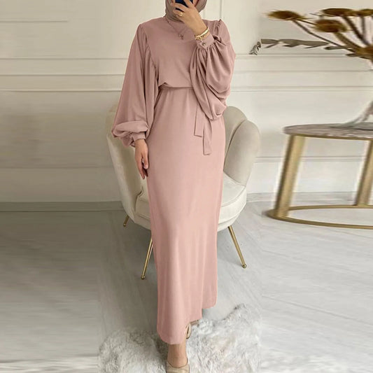 JuliaFashion - Women Spring Muslim 2024 Spring Long Sleeve Casual Muslim Robe Solid Lace Up Dubai Abayas Islamic Prayer Ramadan Clothes Dress