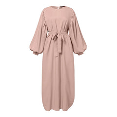 JuliaFashion - Women Spring Muslim 2024 Spring Long Sleeve Casual Muslim Robe Solid Lace Up Dubai Abayas Islamic Prayer Ramadan Clothes Dress