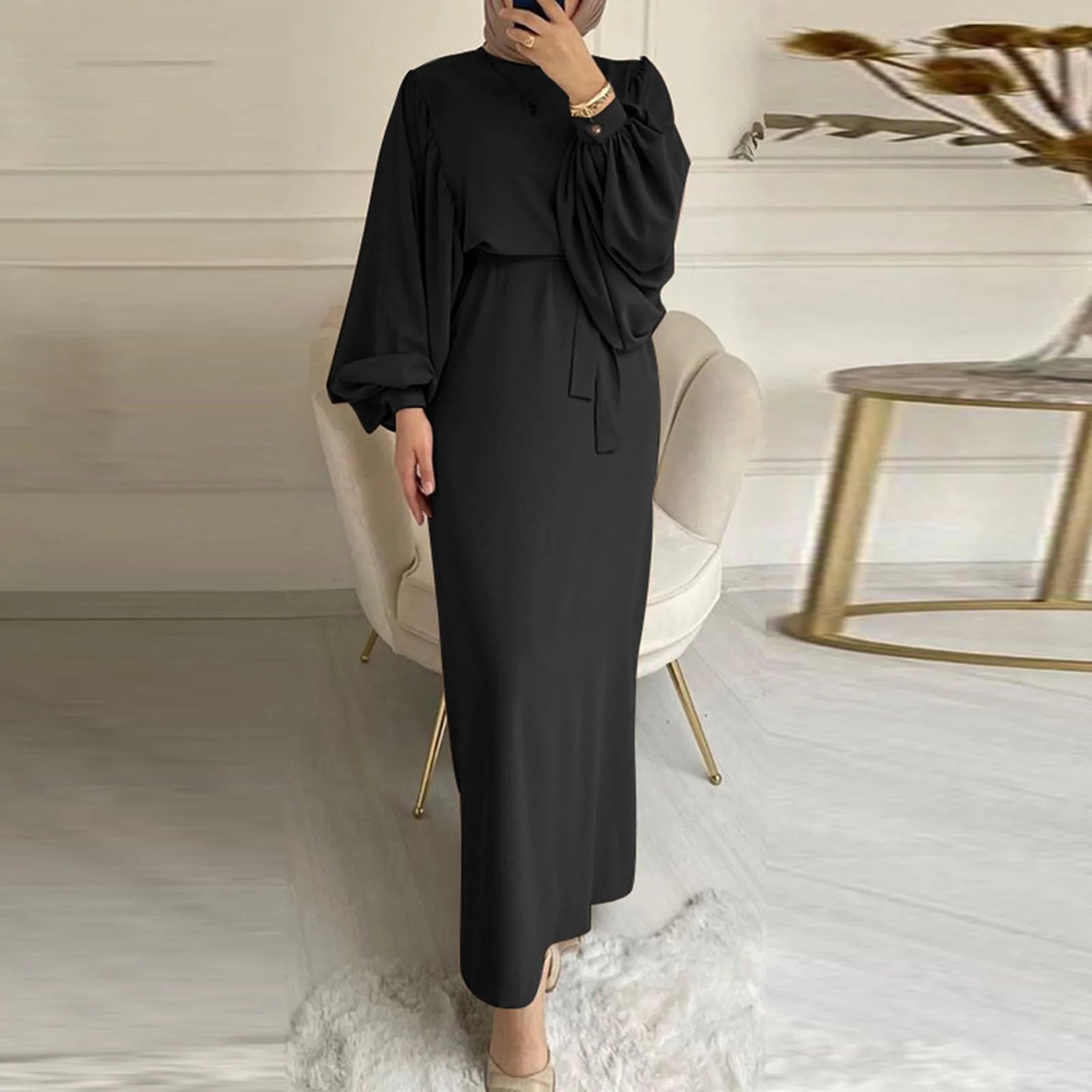 JuliaFashion - Women Spring Muslim 2024 Spring Long Sleeve Casual Muslim Robe Solid Lace Up Dubai Abayas Islamic Prayer Ramadan Clothes Dress