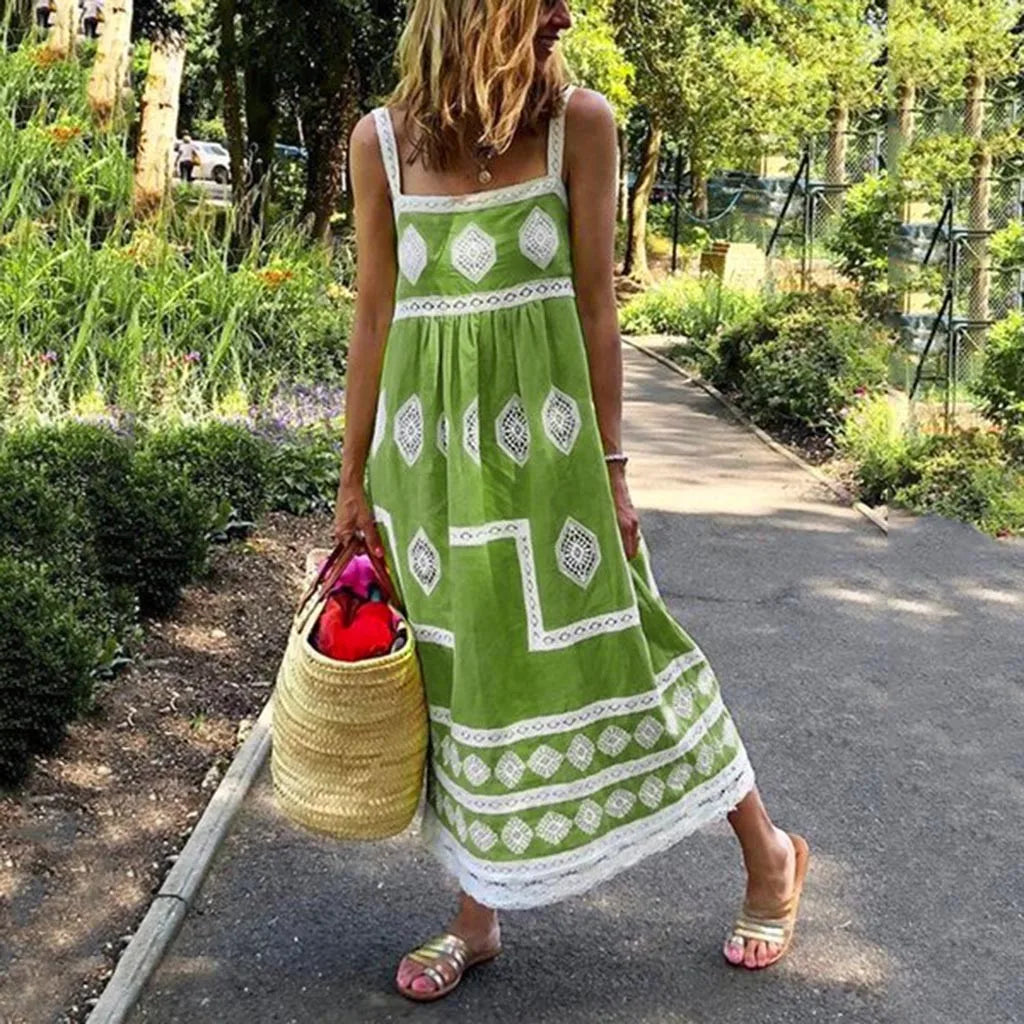 JuliaFashion - Women Summer Beach SunVintage Vestidos Print Strap Boho Style Big Swing Holiday Maxi Female Casual Dress