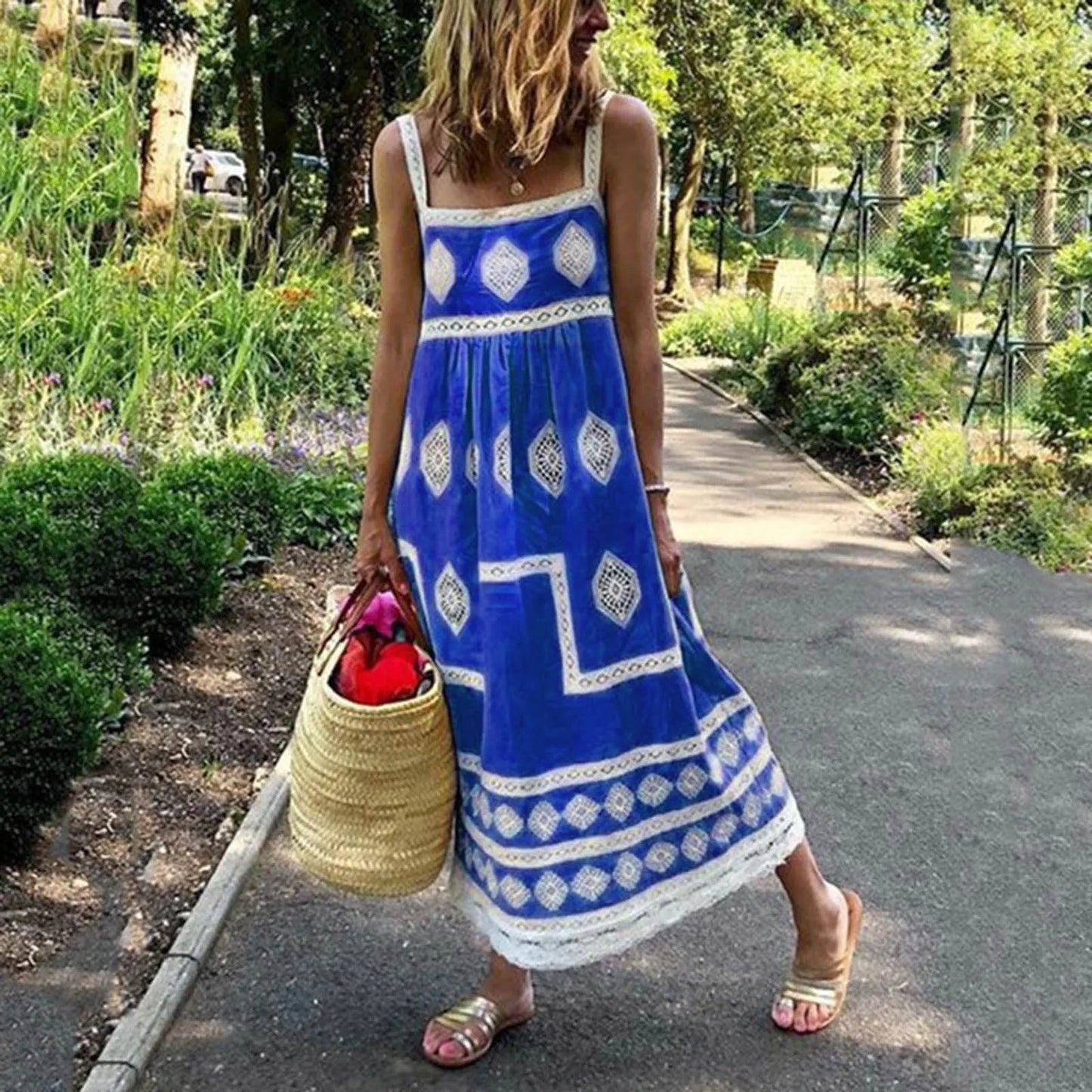 JuliaFashion - Women Summer Beach SunVintage Vestidos Print Strap Boho Style Big Swing Holiday Maxi Female Casual Dress
