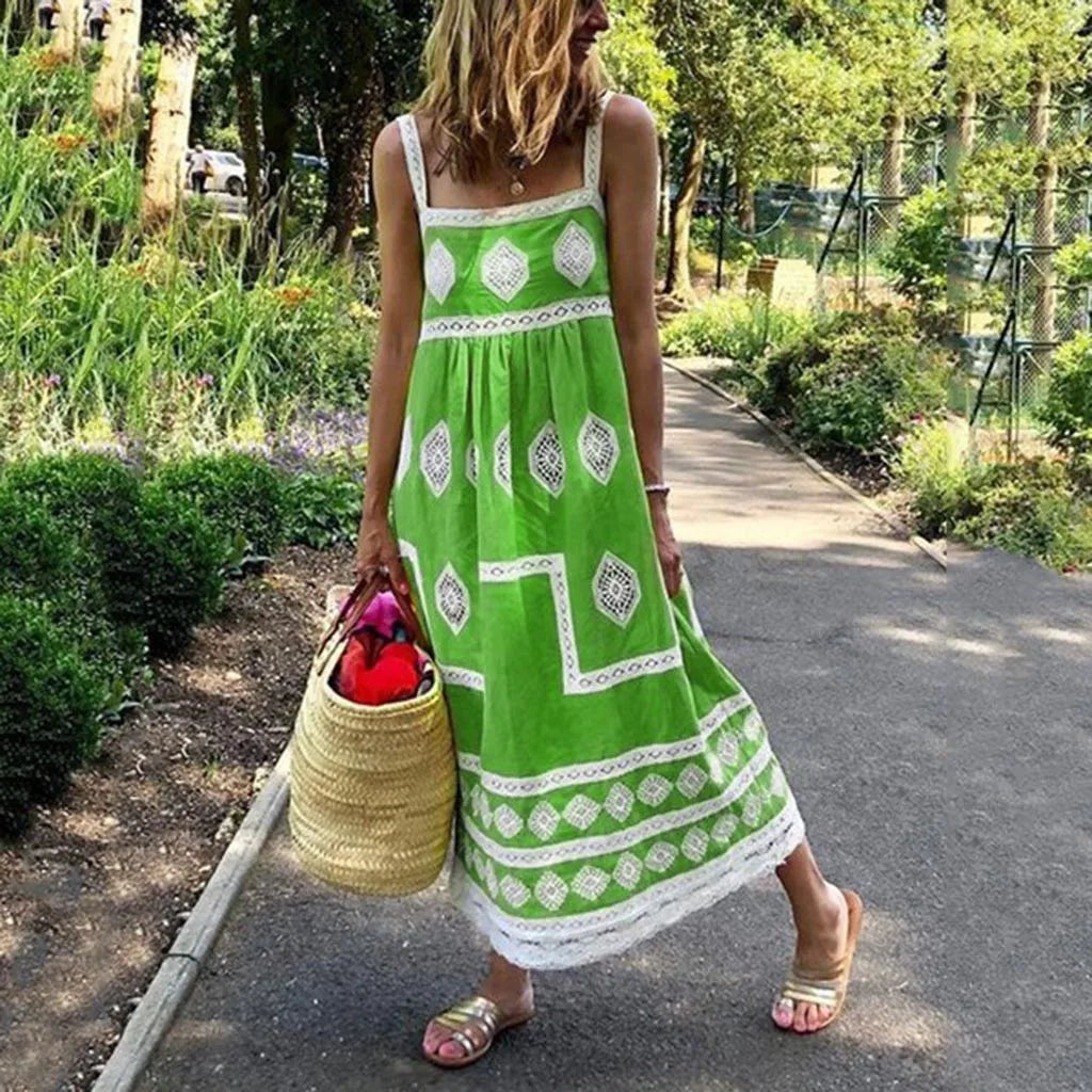 JuliaFashion - Women Summer Beach SunVintage Vestidos Print Strap Boho Style Big Swing Holiday Maxi Female Casual Dress