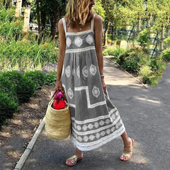 JuliaFashion - Women Summer Beach SunVintage Vestidos Print Strap Boho Style Big Swing Holiday Maxi Female Casual Dress