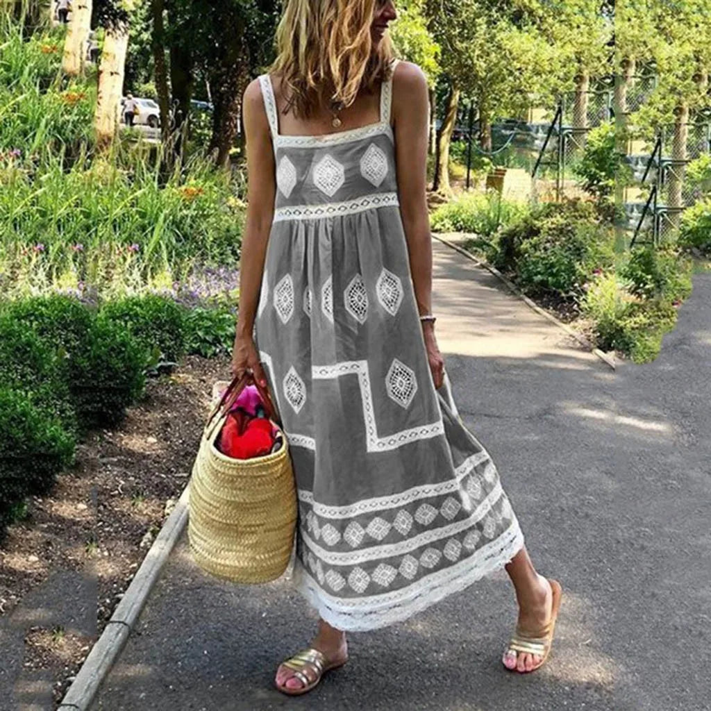 JuliaFashion - Women Summer Beach SunVintage Vestidos Print Strap Boho Style Big Swing Holiday Maxi Female Casual Dress