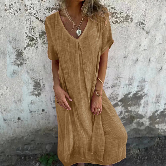 JuliaFashion - Women's Summer Cotton Linen Short Sleeve Loose Simple Solid Color Long Pullover Casual Loose T-Shirt Dress