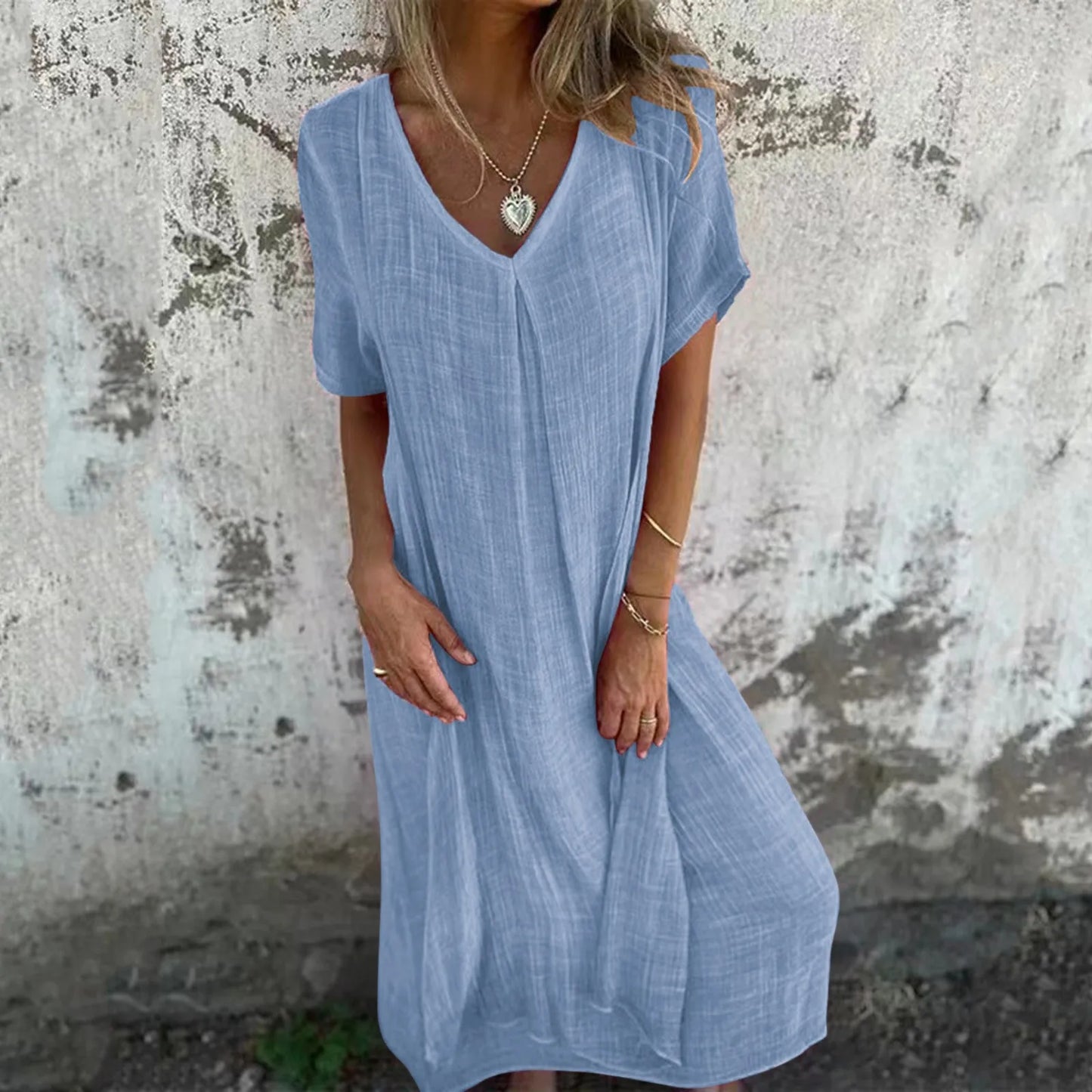 JuliaFashion - Women's Summer Cotton Linen Short Sleeve Loose Simple Solid Color Long Pullover Casual Loose T-Shirt Dress