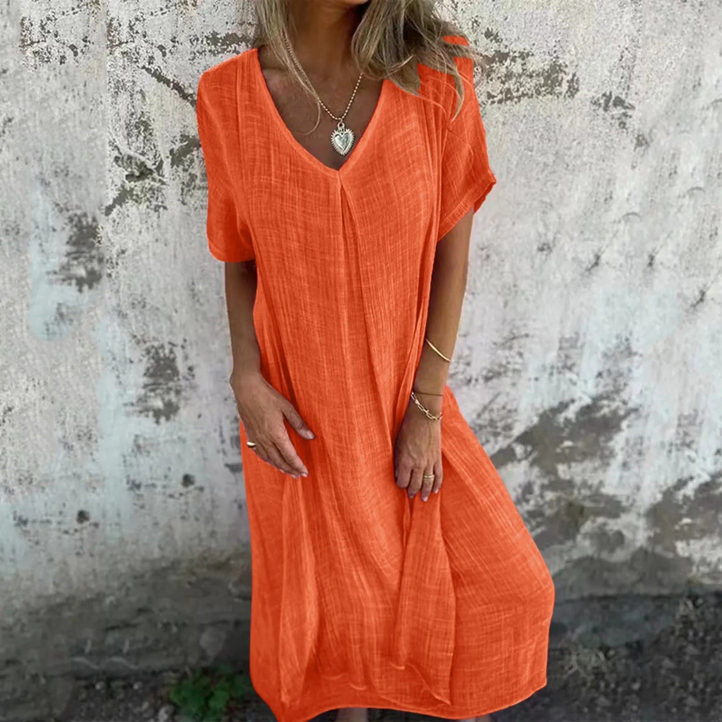 JuliaFashion - Women's Summer Cotton Linen Short Sleeve Loose Simple Solid Color Long Pullover Casual Loose T-Shirt Dress