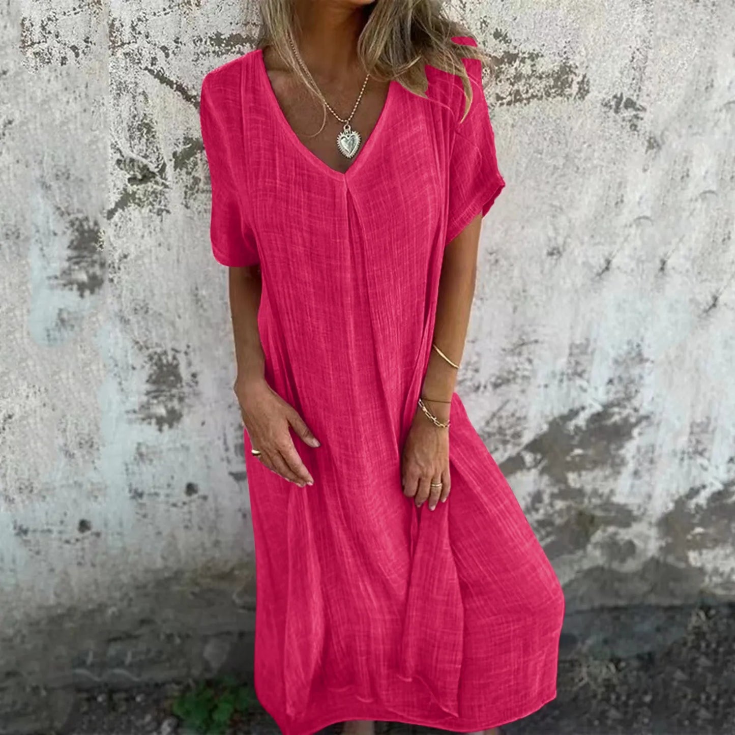 JuliaFashion - Women's Summer Cotton Linen Short Sleeve Loose Simple Solid Color Long Pullover Casual Loose T-Shirt Dress